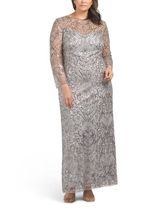 

Сетчатое платье Plus с бисером Tadashi Shoji, цвет Silver