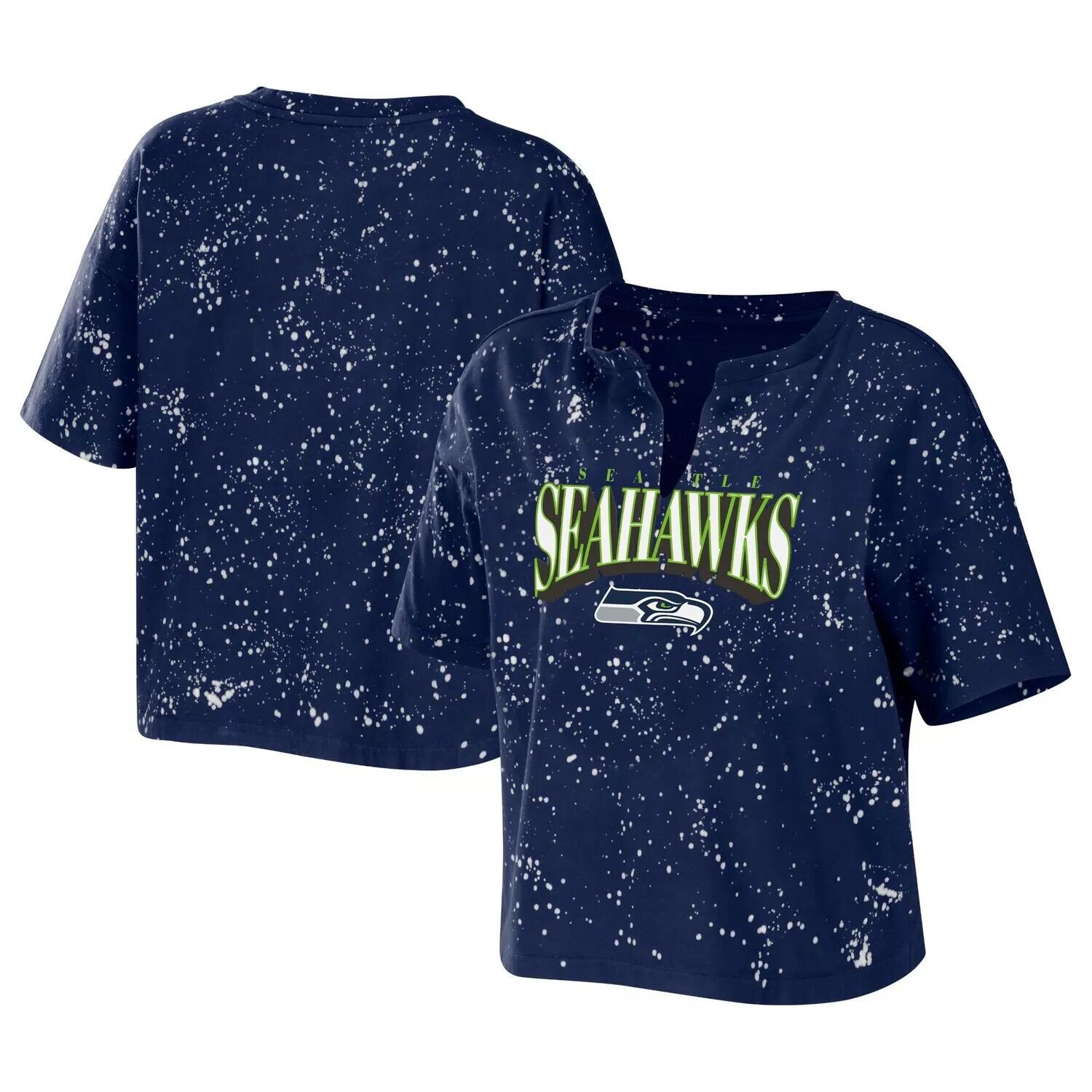 

Женская укороченная футболка Erin Andrews College Seattle Seahawks Bleach Wash Splatter Notch Neck