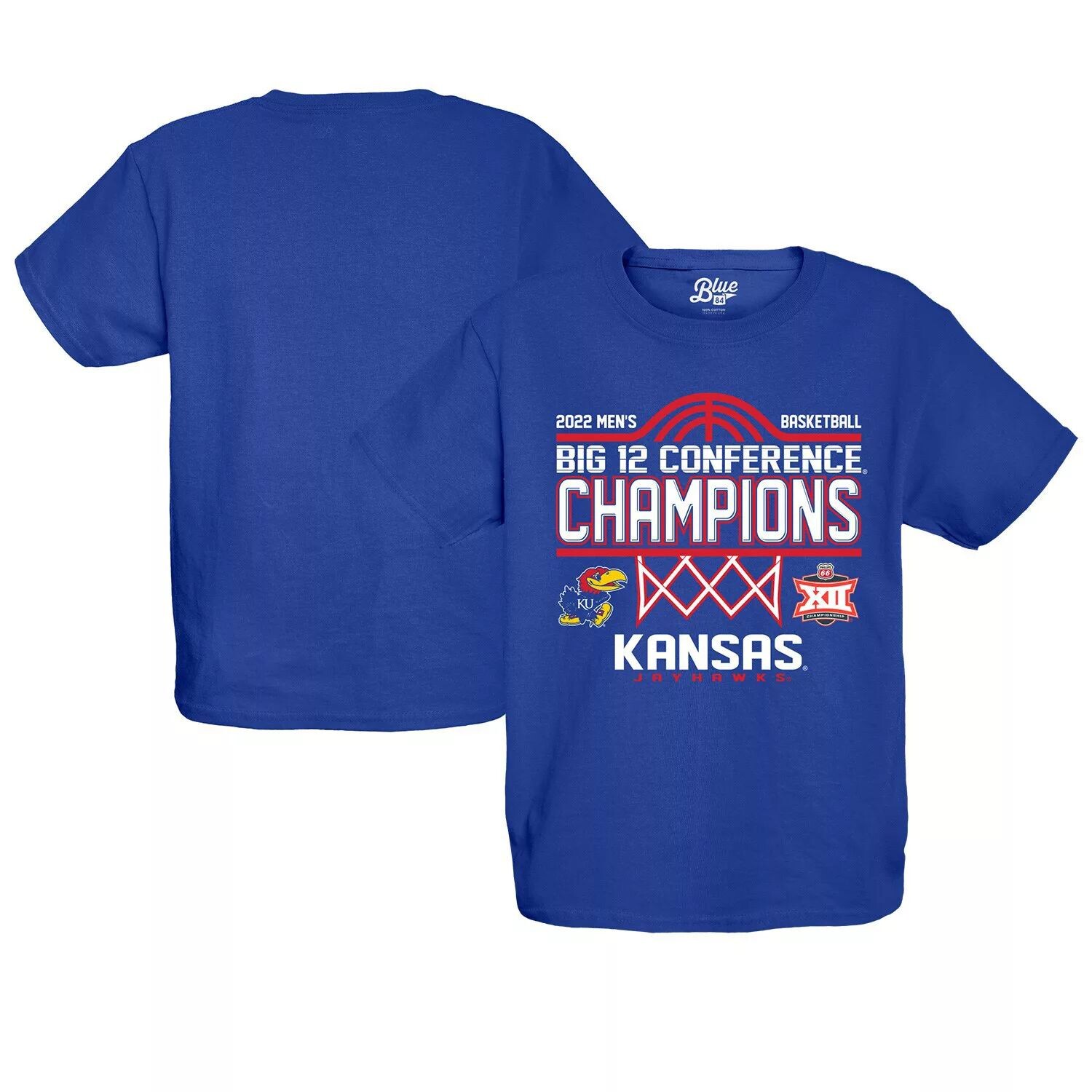 

Мужская футболка молодежного синего цвета 84 Royal Kansas Jayhawks 2022 Big 12 для турнира чемпионов по баскетболу в раздевалке Unbranded