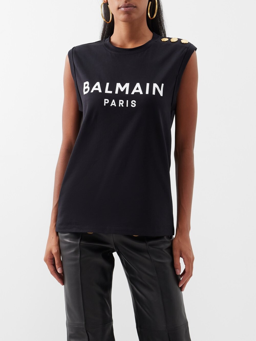 

Майка из хлопкового джерси с пуговицами на плечах Balmain, черный