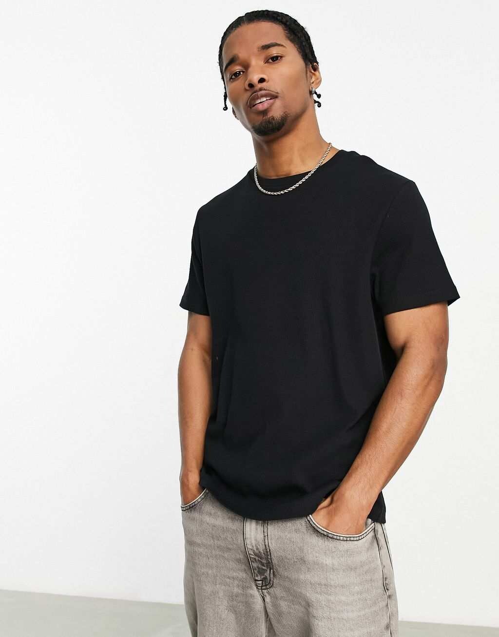 

Черная рубашка в рубчик с круглым вырезом ASOS DESIGN