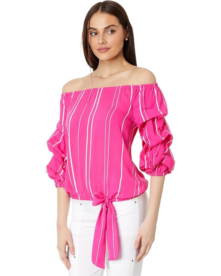 

Блуза Vince Camuto Bubble Sleeve Off Shoulder Crepe Stripe, розовый