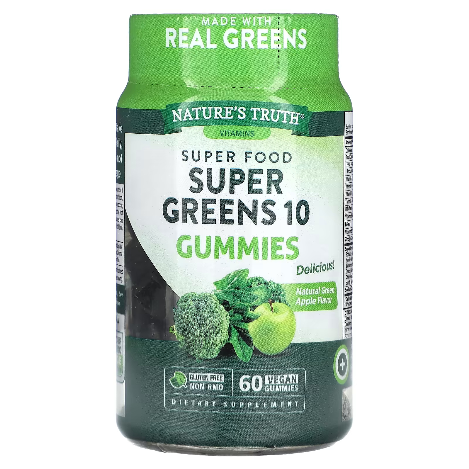 Пищевая добавка Nature's Truth Super Food Super Greens 10, натуральное зеленое яблоко, 60 веганских жевательных конфет