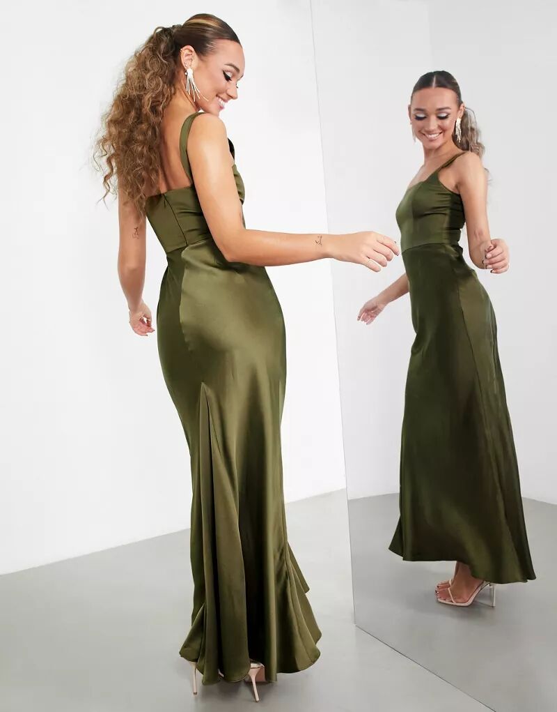 Оливково-зеленое атласное платье макси с квадратным вырезом ASOS Edition