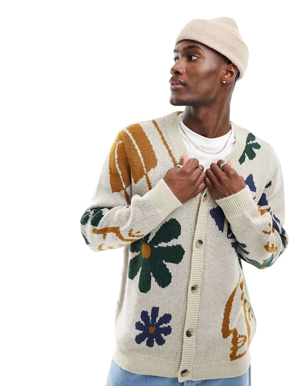 

ASOS свободный вязаный кардиган с абстрактным узором нейтрального цвета