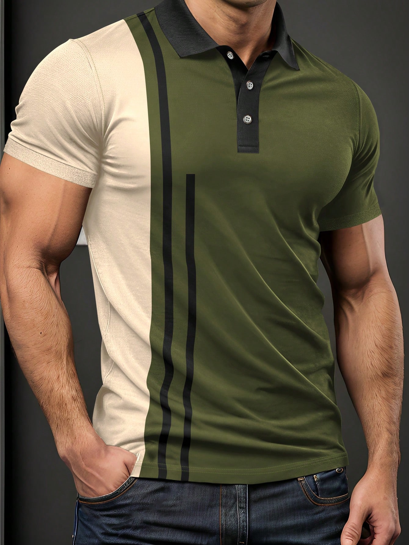 Мужская рубашка-поло свободного кроя Manfinity Homme с короткими рукавами и застежкой на пуговицы в стиле колор-блок, армейский зеленый