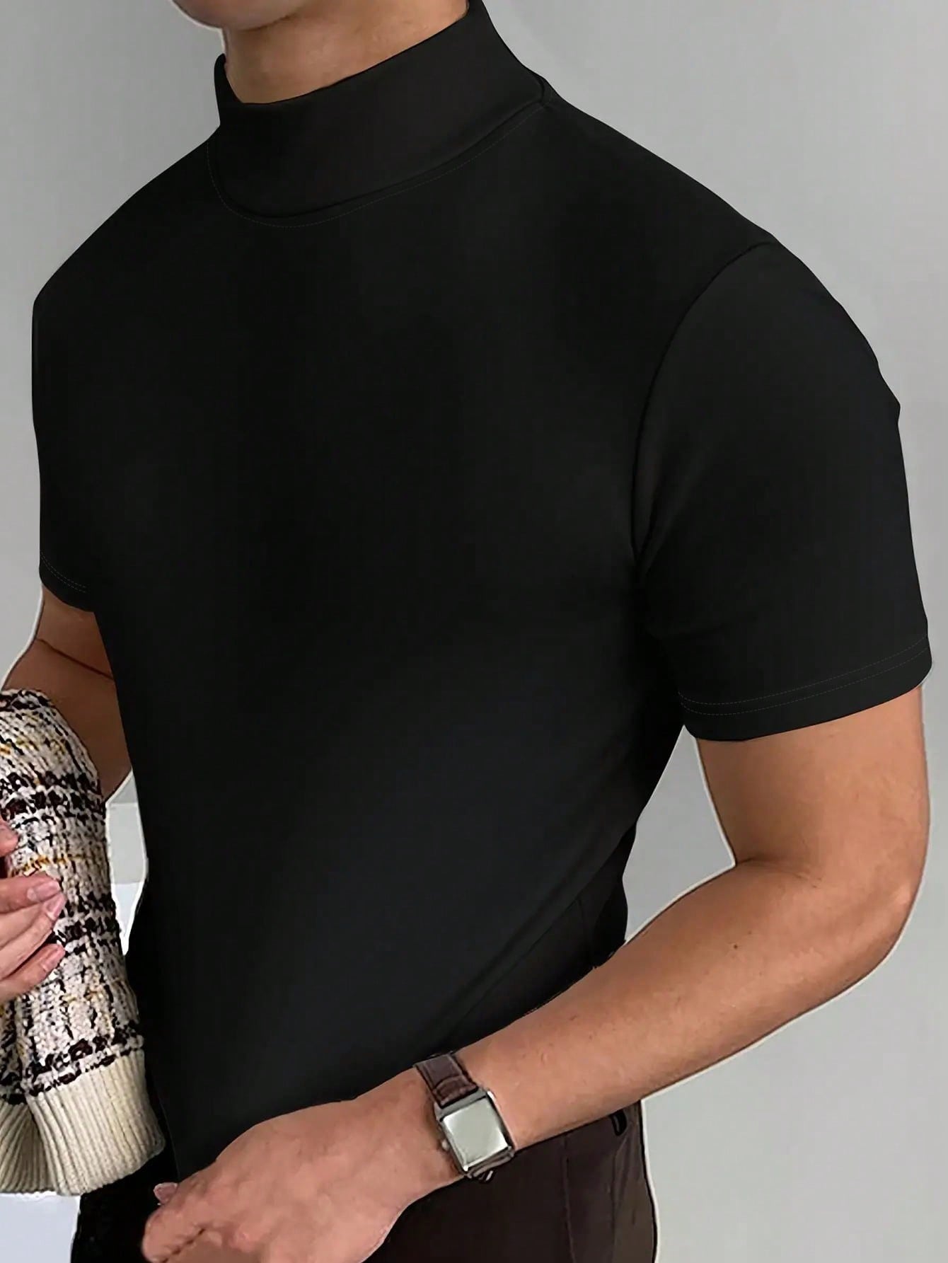 Мужская однотонная футболка с воротником-стойкой и коротким рукавом, черный