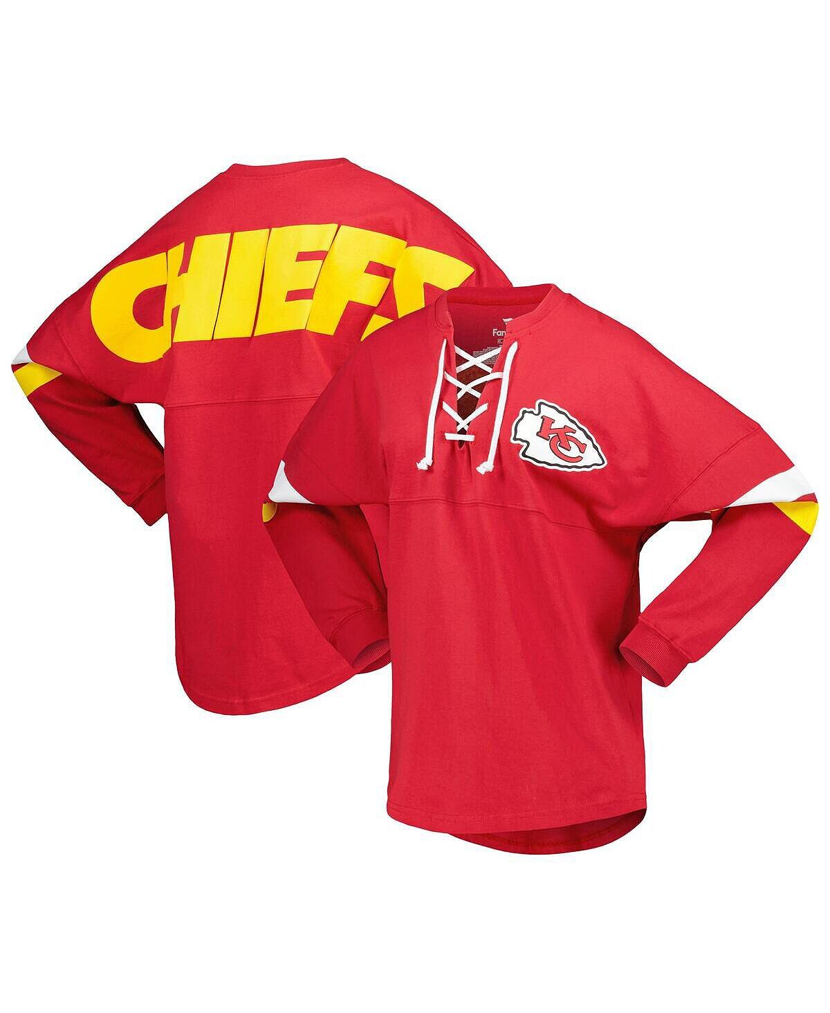 

Женская красная футболка из джерси Kansas City Chiefs Spirit на шнуровке с v-образным вырезом и длинными рукавами Fanatics, красный