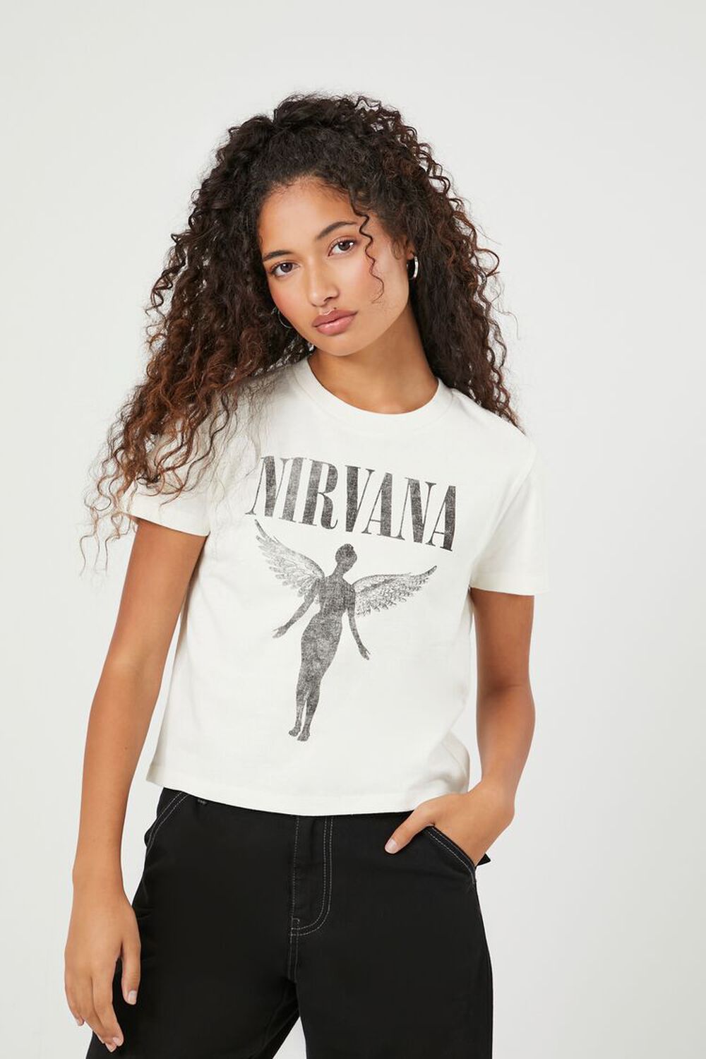 

Укороченная футболка с рисунком Nirvana Forever 21, кремовый, Бежевый