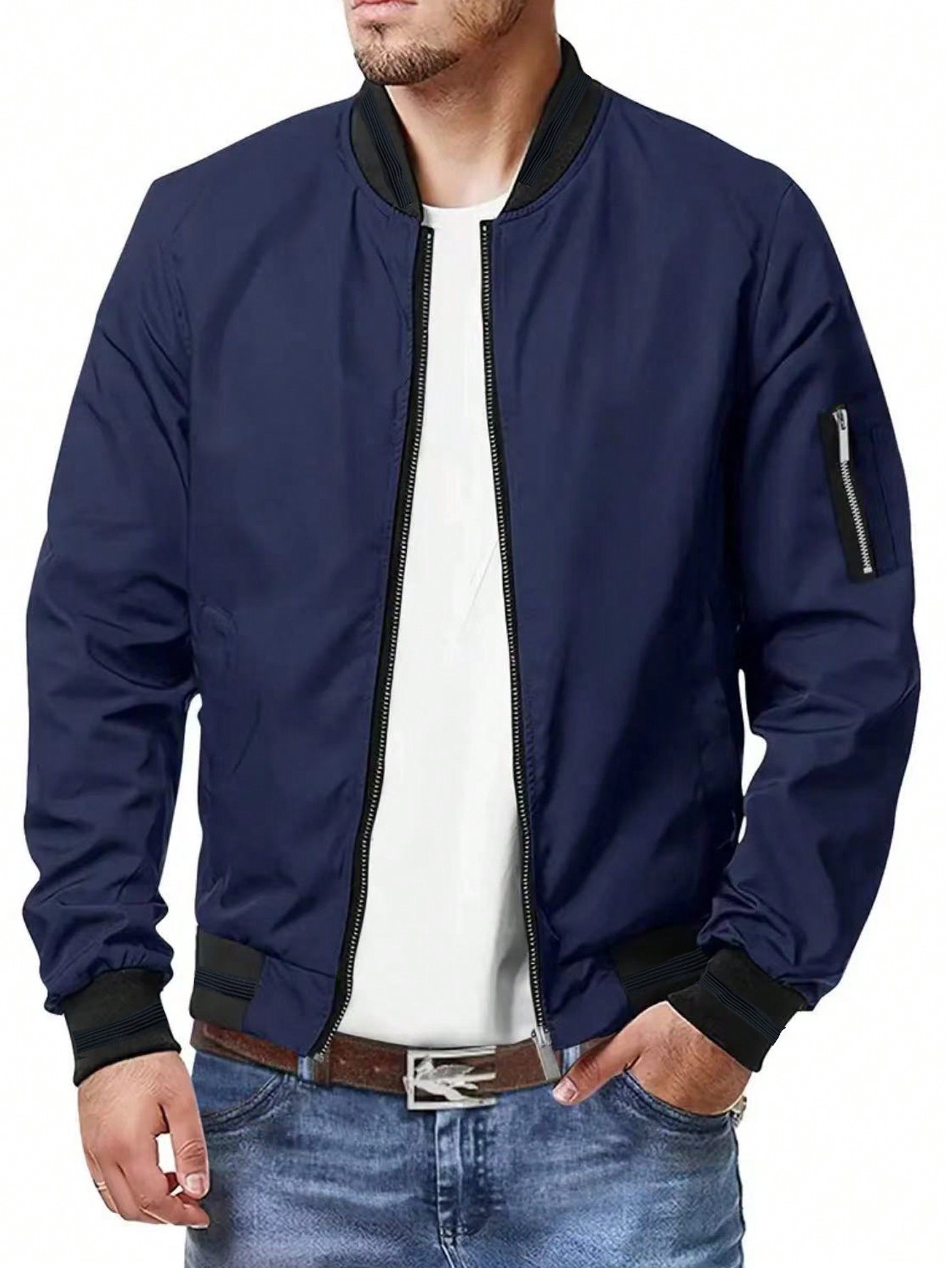Мужская повседневная спортивная куртка на молнии с воротником-стойкой, темно-синий куртка мужская демисезонная с воротником стойкой универсальная повседневная тонкая куртка свободного покроя корейская версия