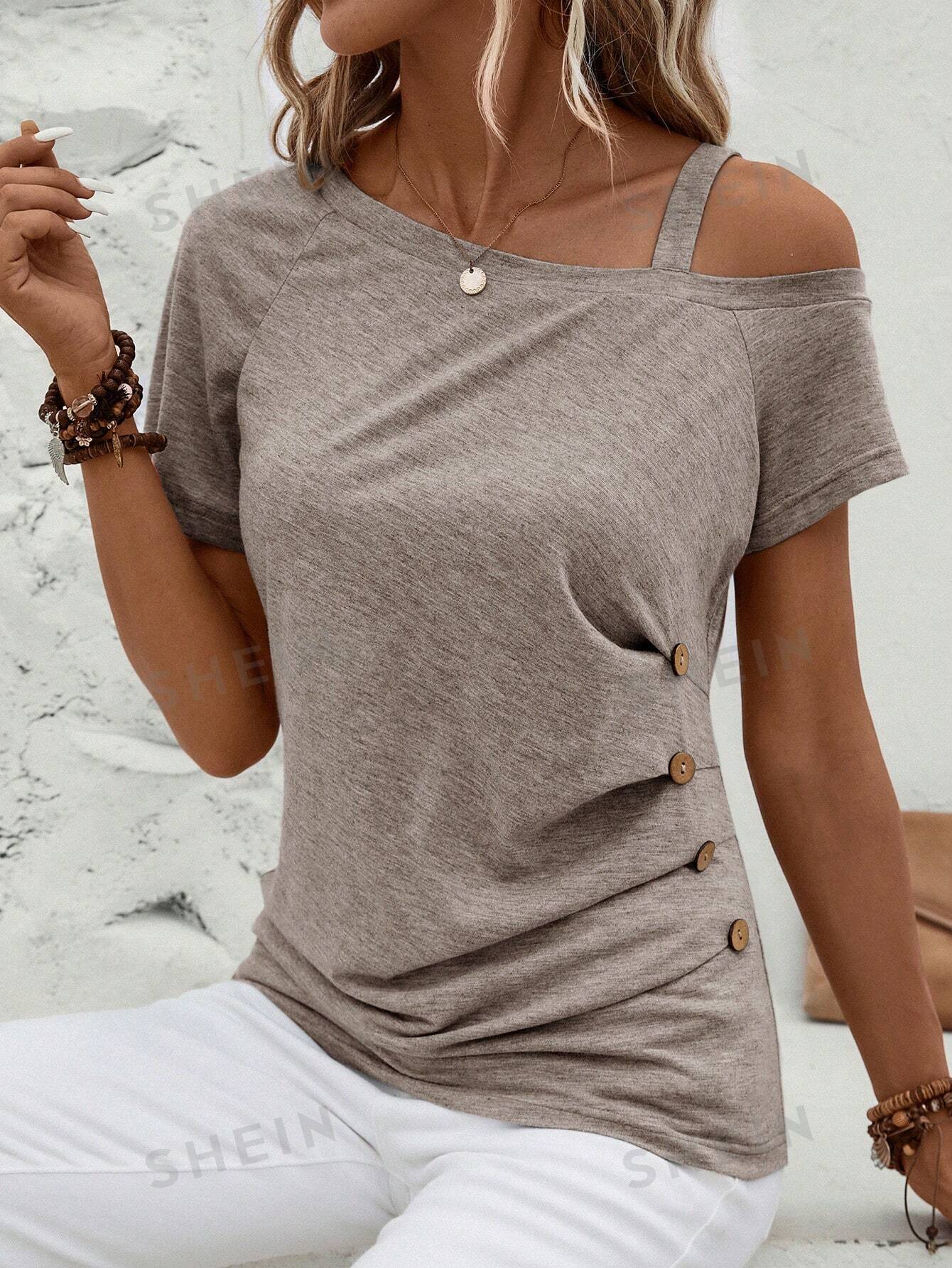 SHEIN Clasi Асимметричная футболка с воротником и пуговицами, мокко браун