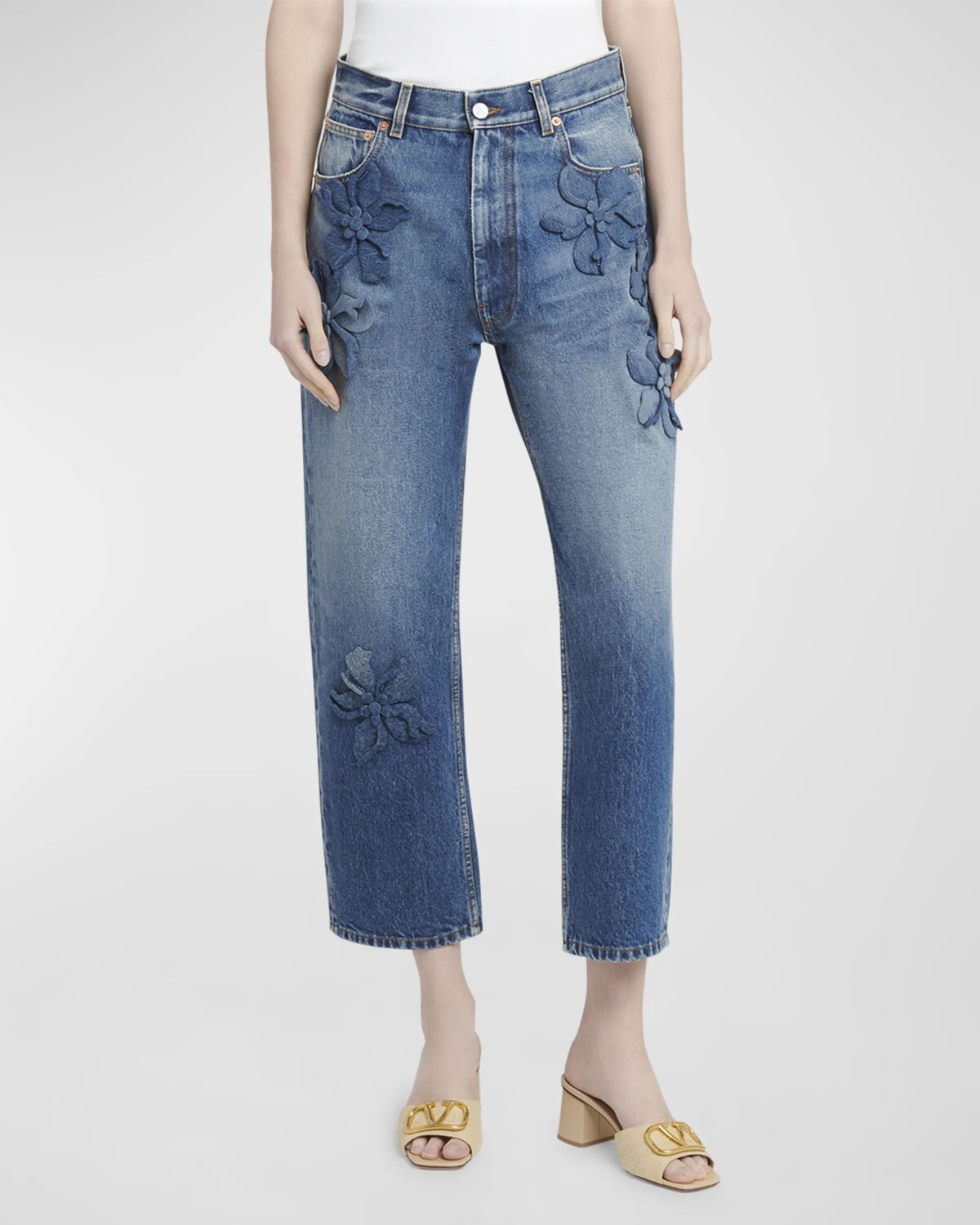 

Укороченные широкие джинсы с цветочным узором Valentino Garavani, цвет Blue Multi