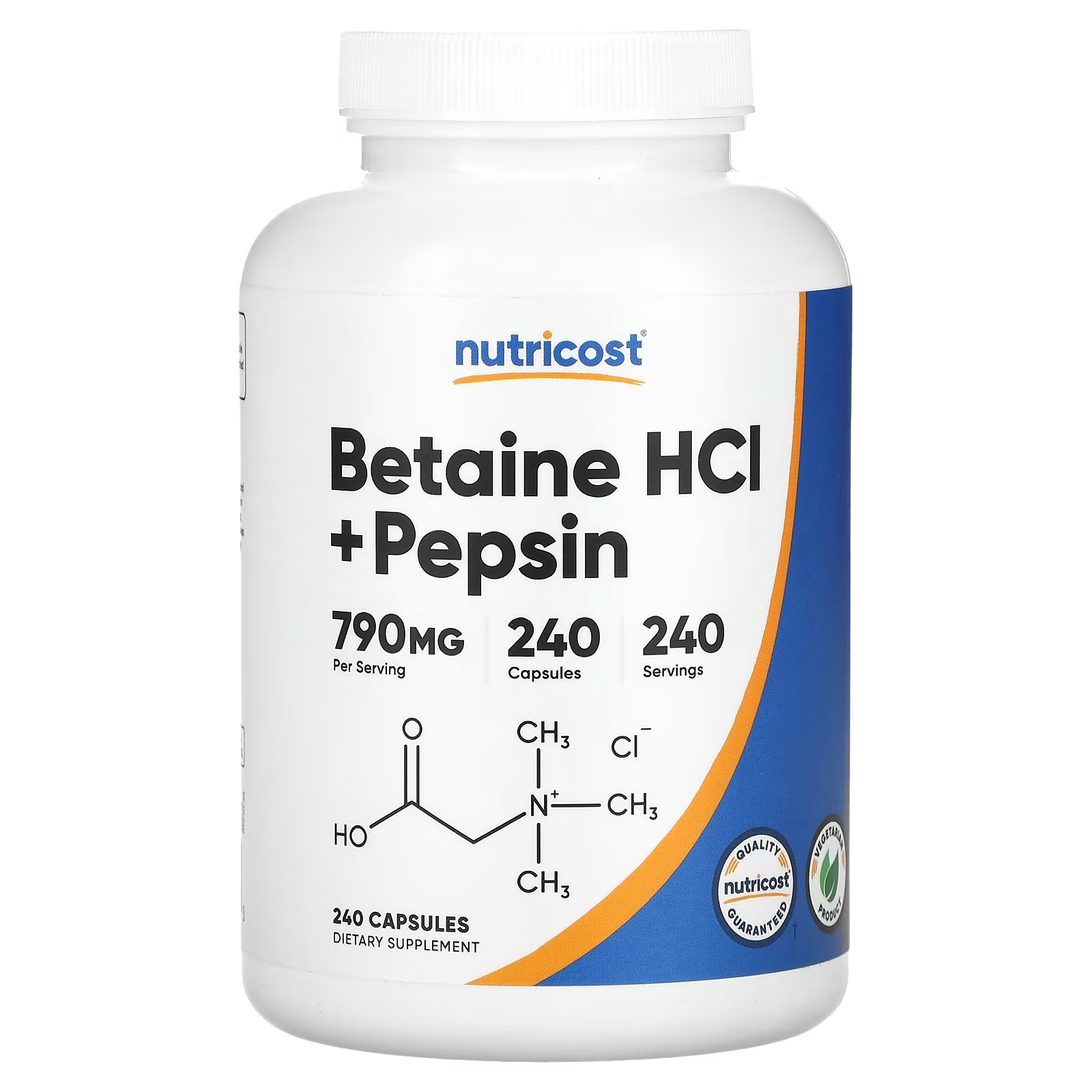 Пищевая добавка Nutricost Бетаин гидрохлорид + пепсин 790 мг, 240 капсул бетаин гидрохлорид и пепсин thorne research 225 капсул