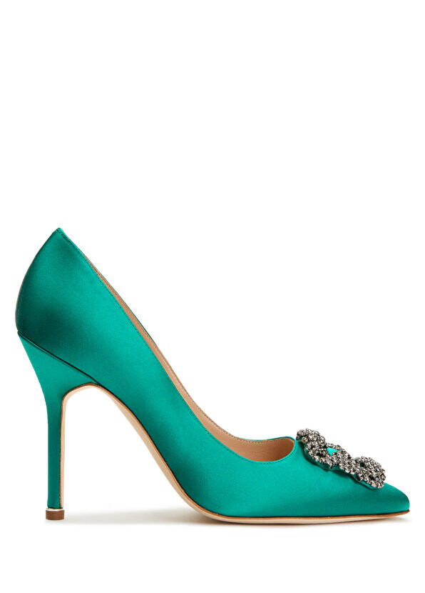 

Кожаные туфли на шпильке с пряжкой из зеленого камня Manolo Blahnik
