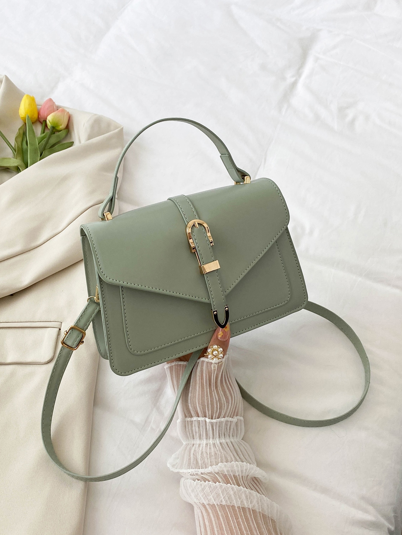 Легкая деловая повседневная квадратная сумка с пряжкой и декором с клапаном для девочек-подростков, оливково-зеленый
