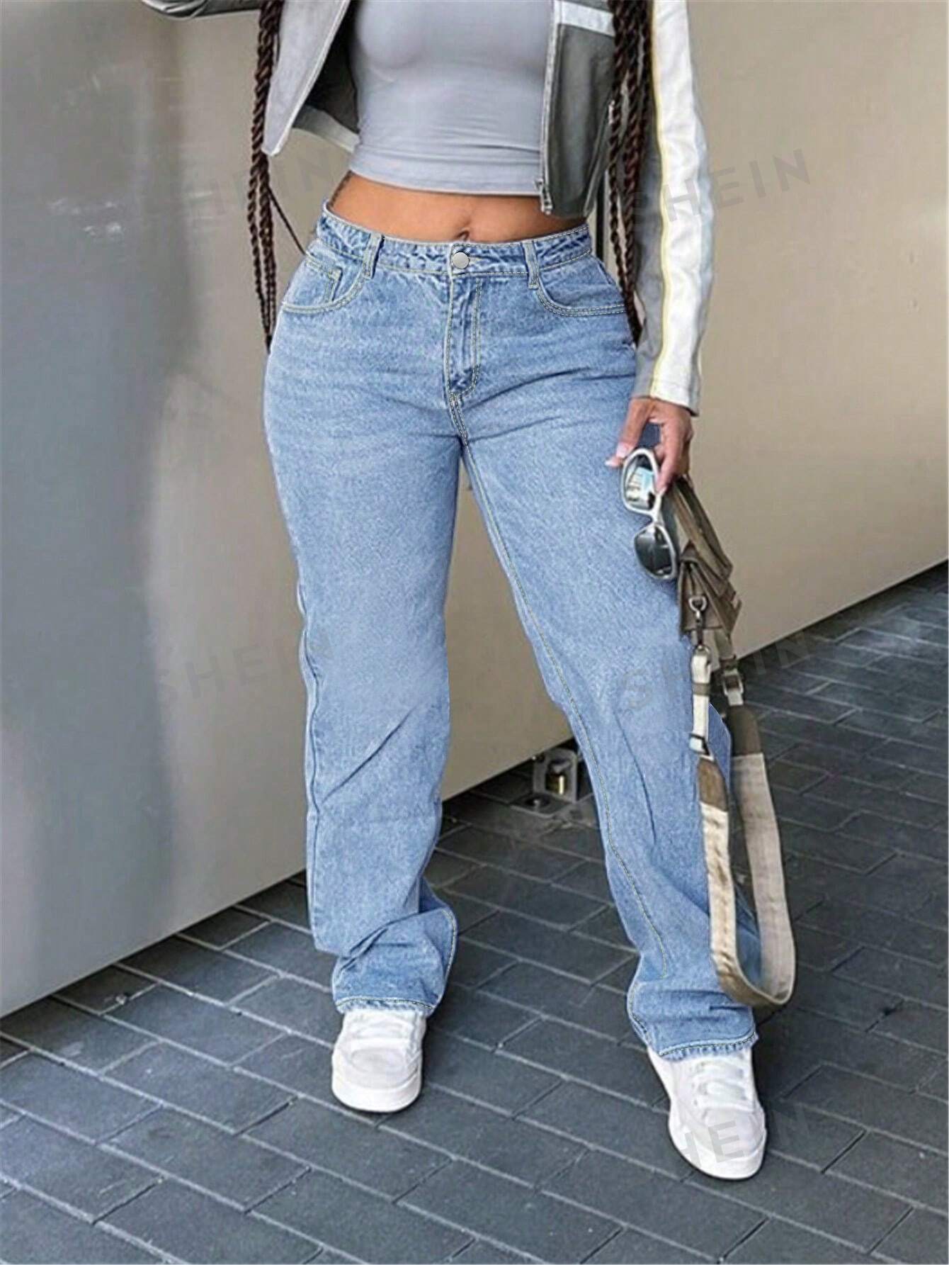 Женские прямые джинсы с карманами, легкая стирка
