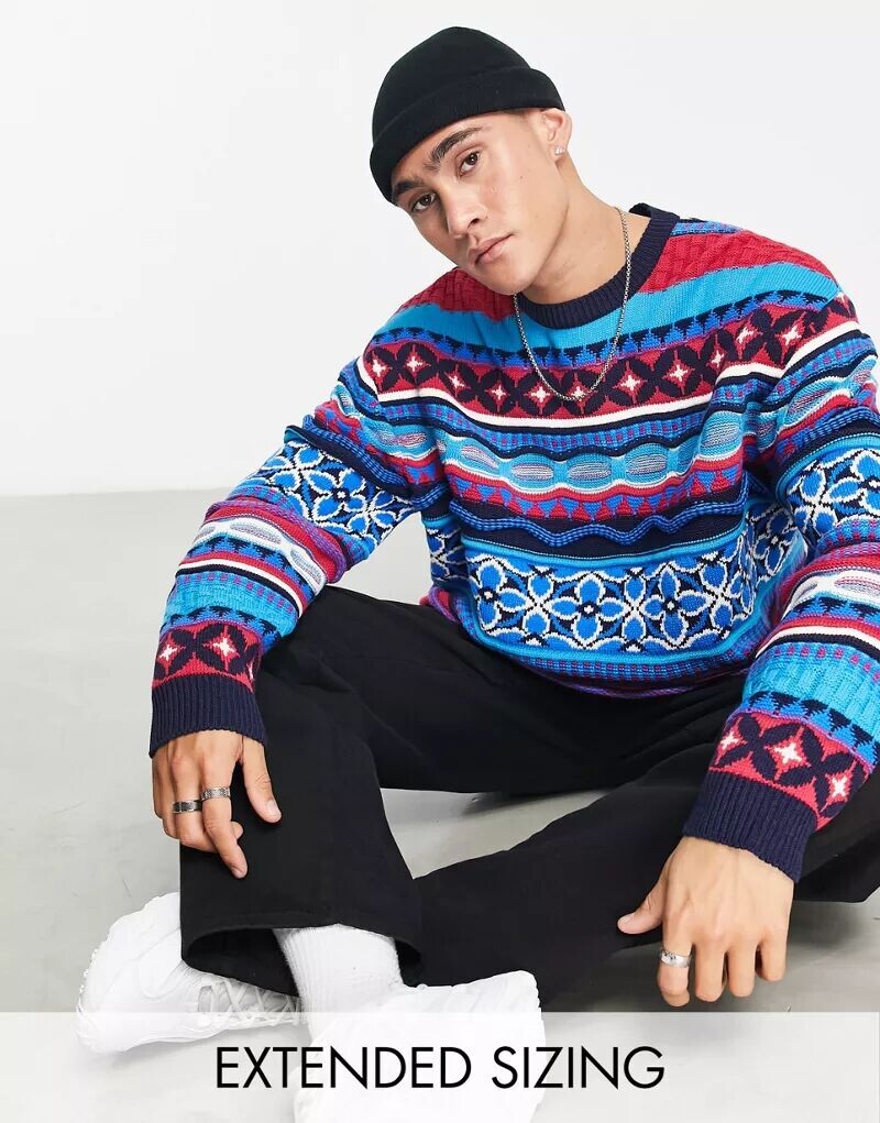 

Синий вязаный свитер оверсайз с ацтекским принтом ASOS