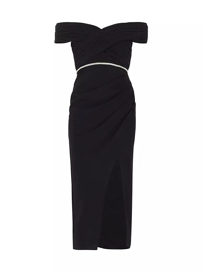 Платье миди с открытыми плечами, украшенное поясом Self-Portrait, черный украшенное платье миди self portrait черный