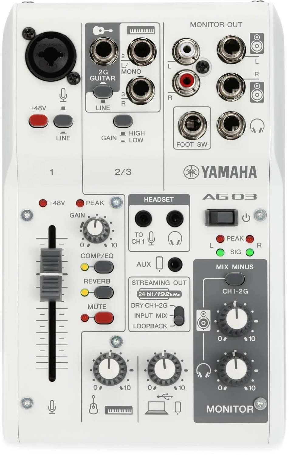 

3-канальный микшер Yamaha AG03 Mk2 и аудиоинтерфейс USB — белый