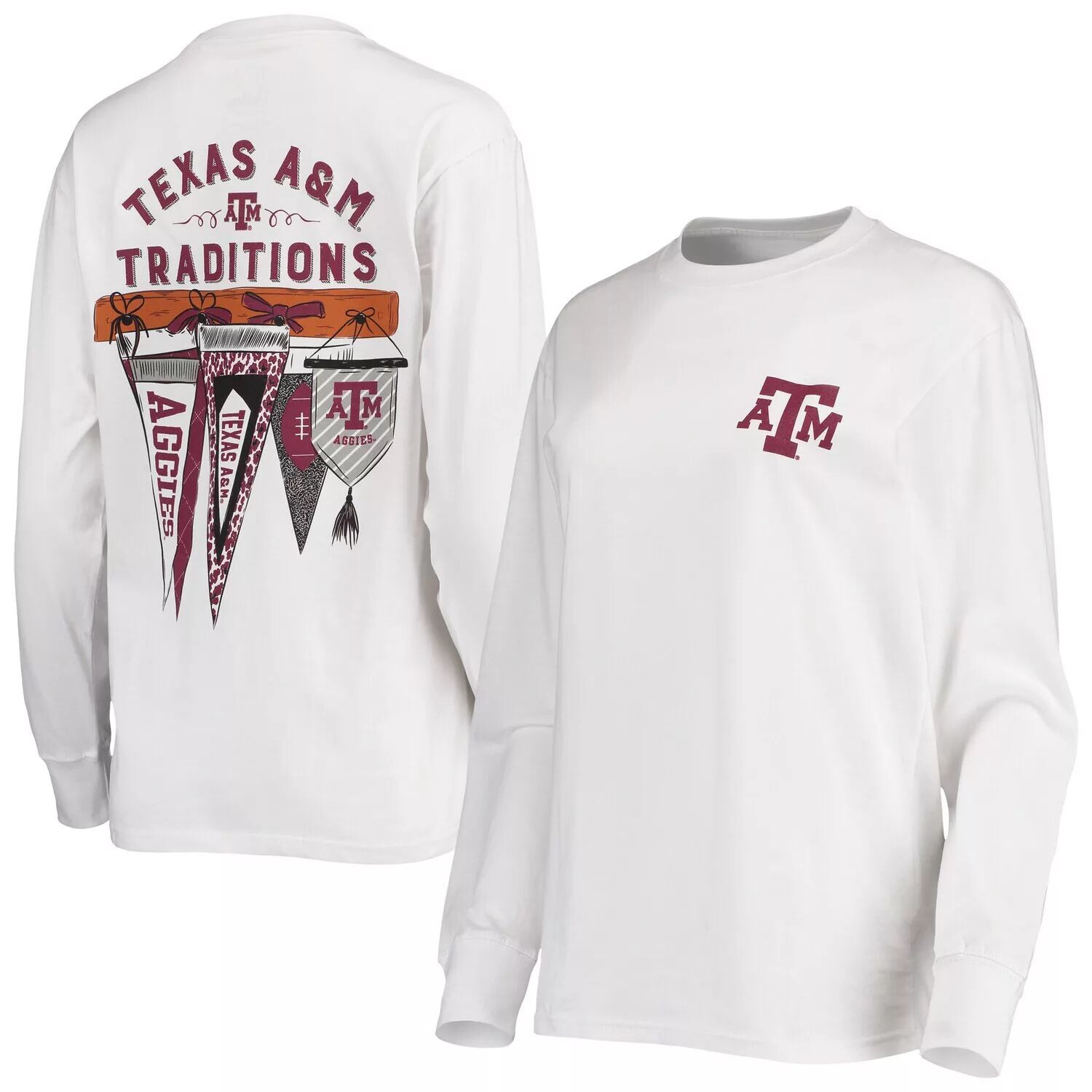

Женская белая футболка с длинным рукавом и вымпелом для прессы Texas A&M Aggies Traditions