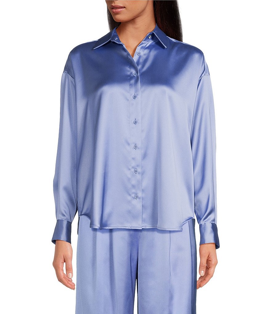 Gianni Bini Skylar Атласная координационная блузка с острым воротником и пуговицами спереди с длинными рукавами, синий