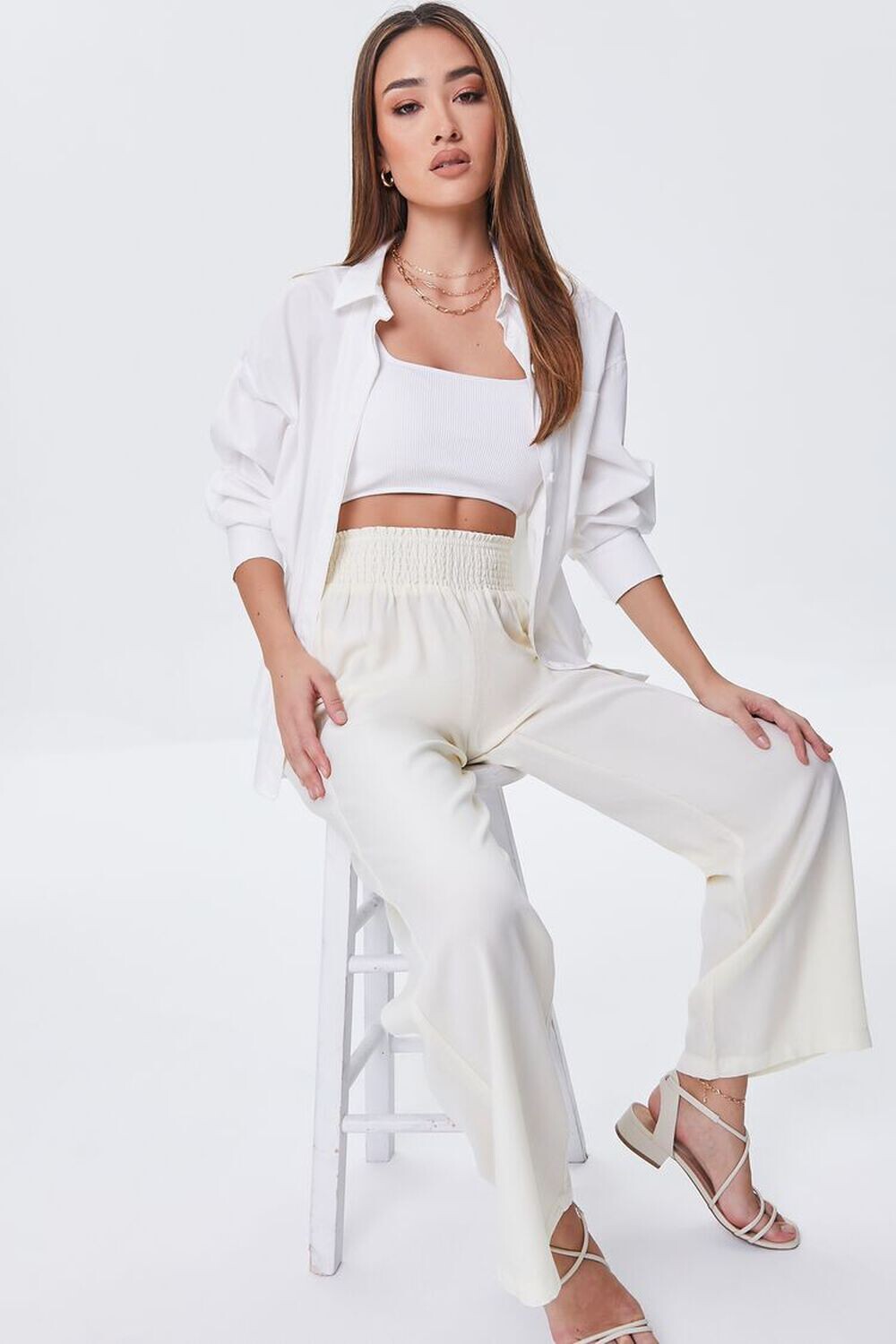 

Брюки из шамбре со сборками Forever 21, кремовый, Бежевый