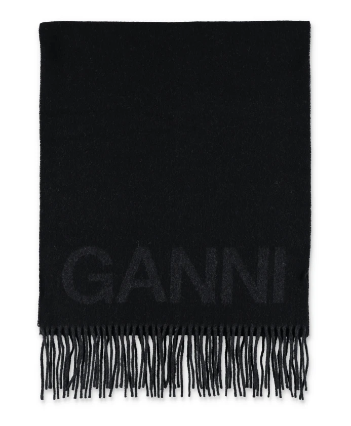 

Шерстяной шарф с бахромой aw24 Ganni, черный