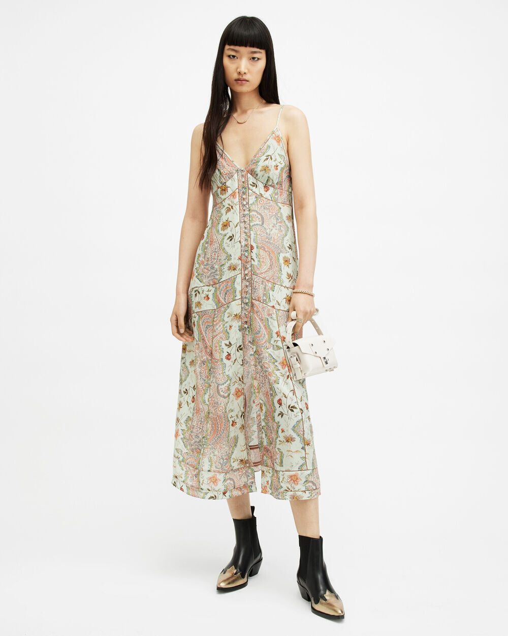 

Платье макси Dahlia Cascade с узором пейсли AllSaints, весенняя зеленая, Зеленый