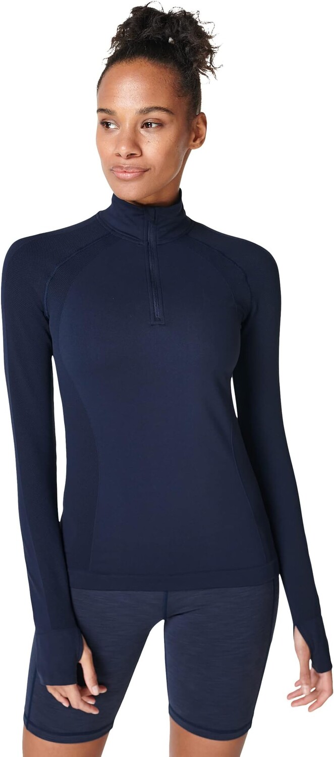 

Бесшовный топ с длинными рукавами и молнией 1/2 Athlete Sweaty Betty, темно-синий