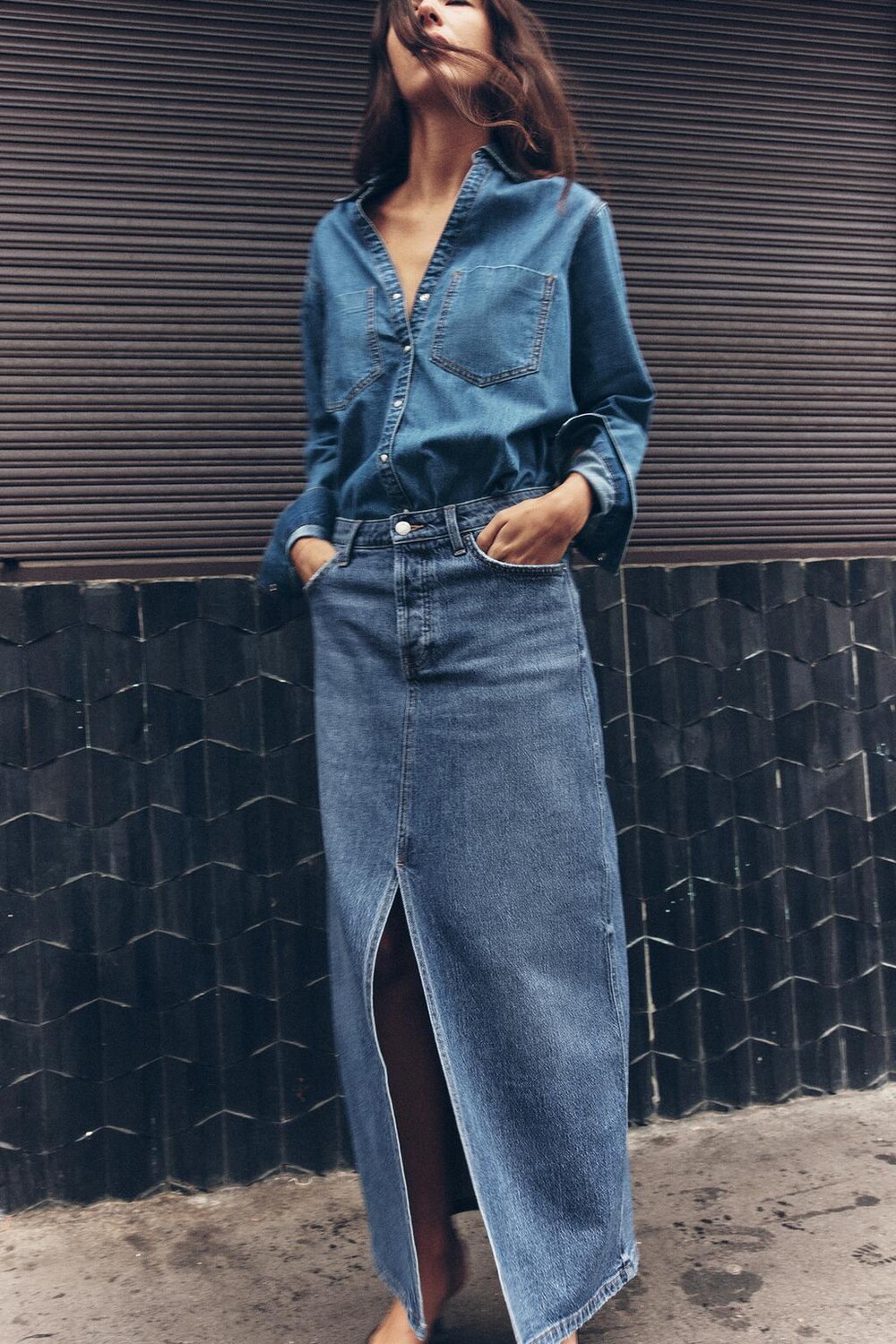 

Юбка миди из денима z1975 ZARA, средне-синий