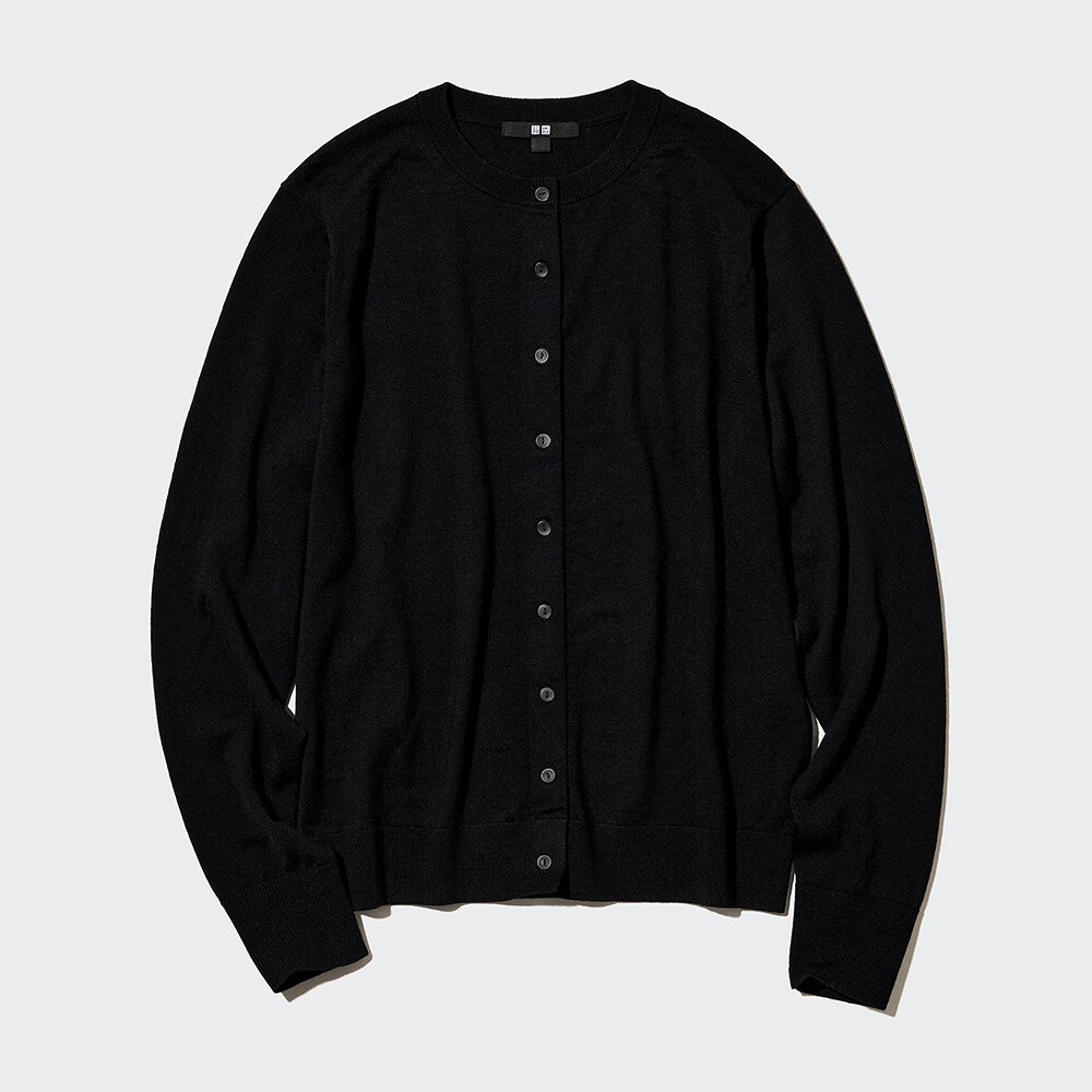 

Кардиган Uniqlo вязаный с круглым вырезом из камвольной шерсти мериноса, черный