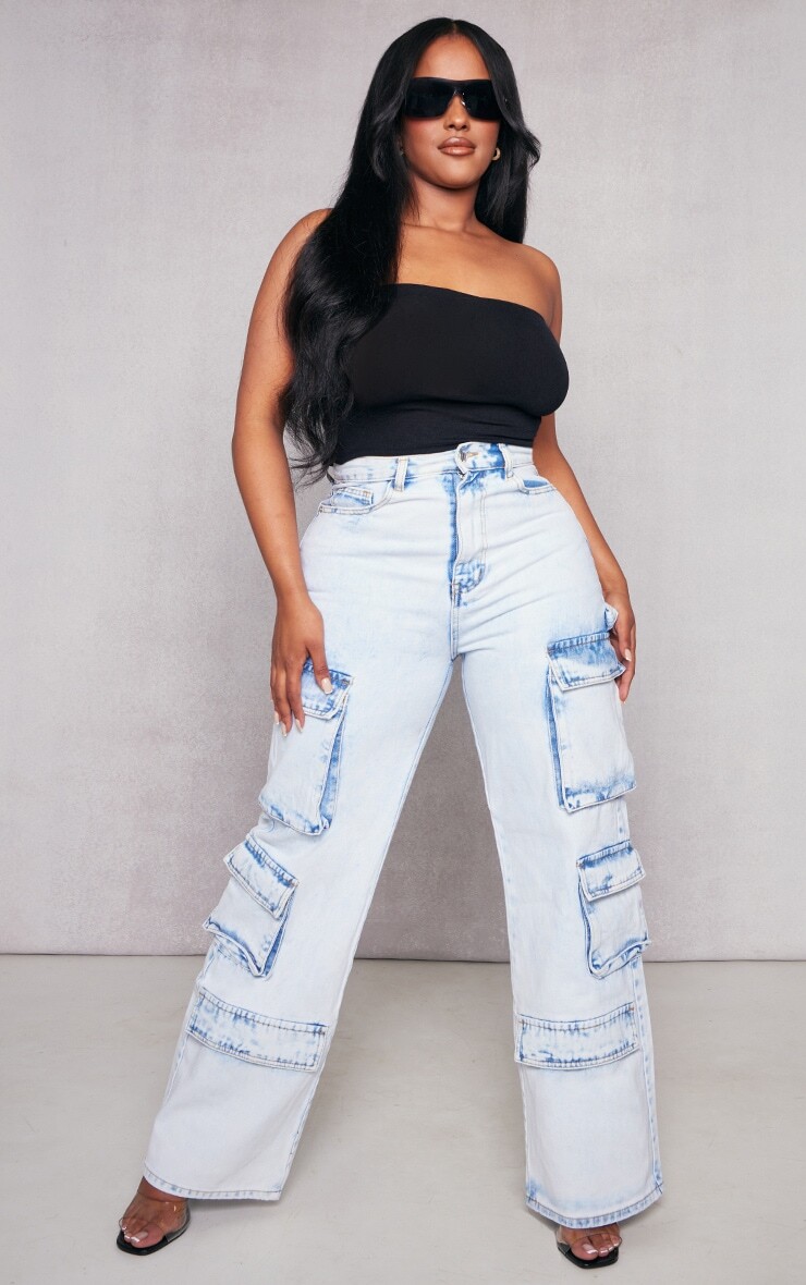 

PrettyLittleThing Голубые широкие джинсы карго с карманами и карманами