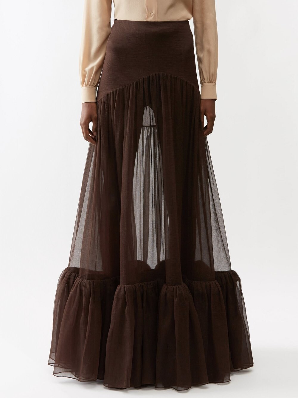 

Юбка макси из шелка и рюшами Saint Laurent, коричневый