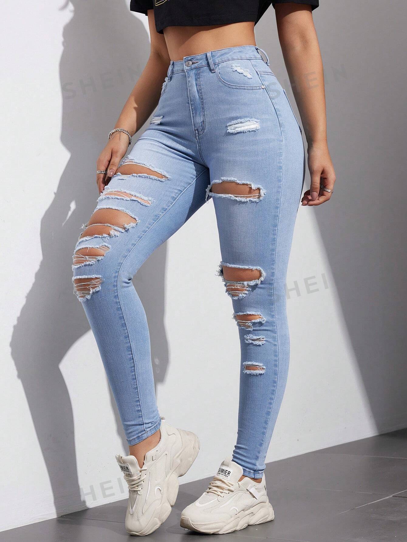 Женские джинсы скинни с потертостями, легкая стирка