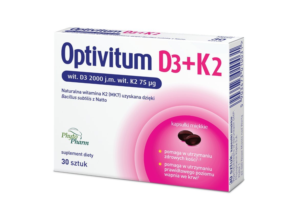 

Оптивитум D3+K2, пищевая добавка, 30 мягких капсул Phytopharm