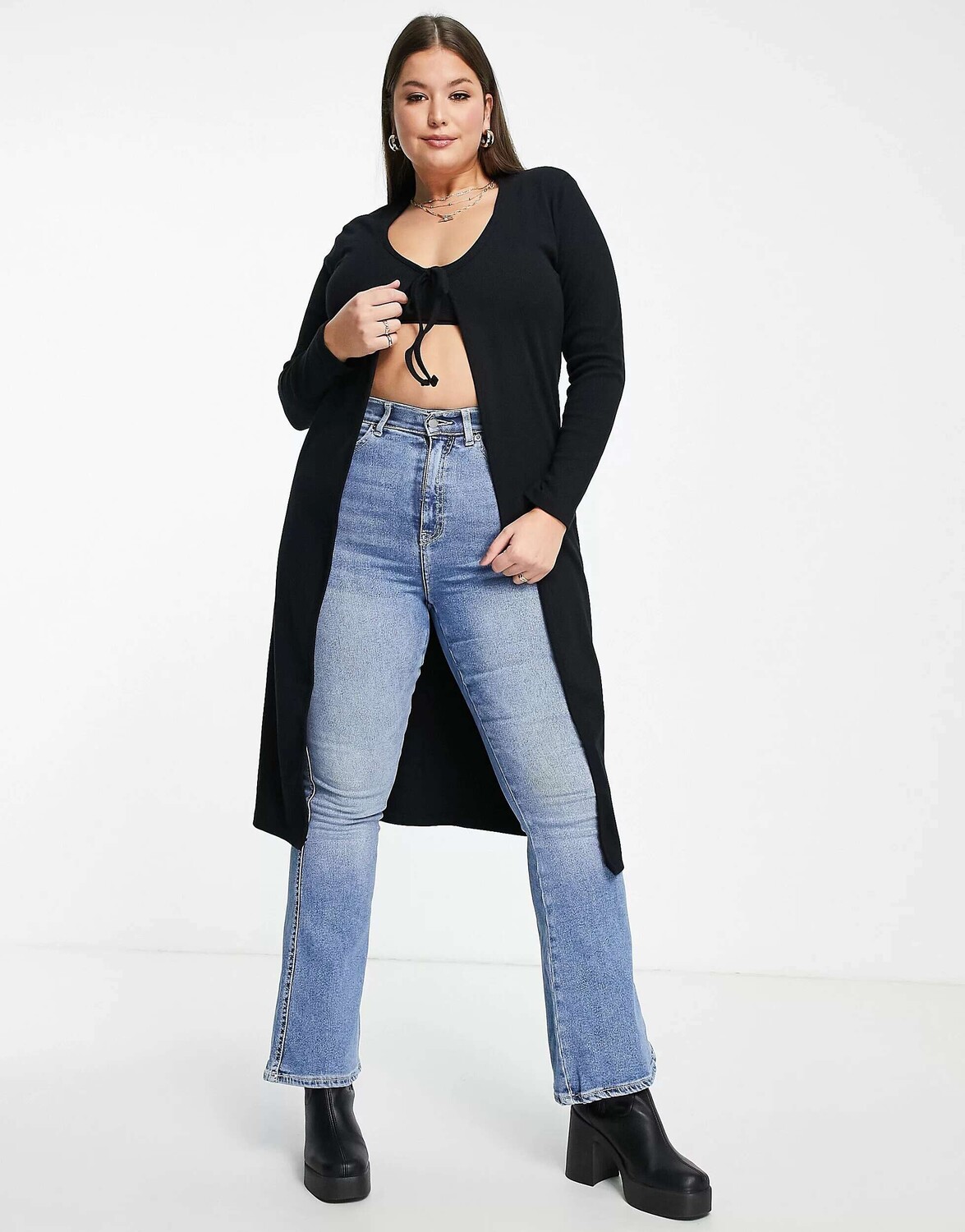 

Черный кардиган средней длины в рубчик ASOS DESIGN Curve Edit