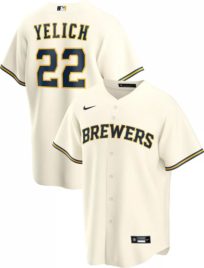 

Мужская реплика Nike Milwaukee Brewers Christian Yelich #22 Cool Base белого цвета