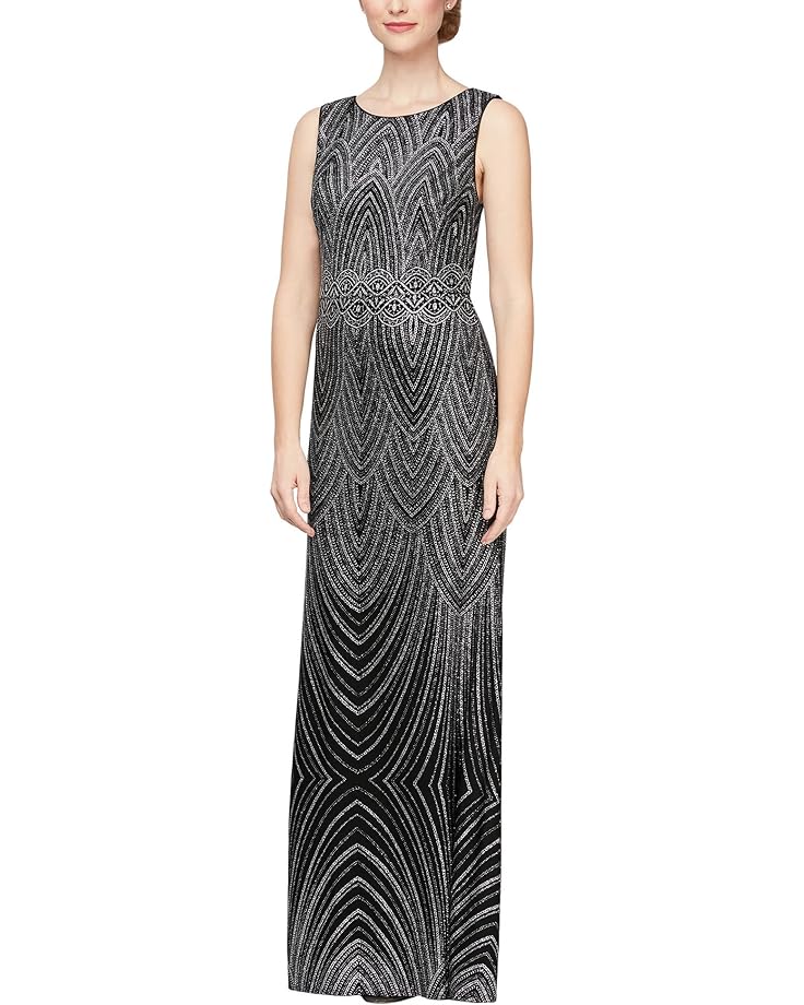 цена Платье Alex Evenings Long Sleeveless with Patterned Glitter Detail, цвет Black/Silver