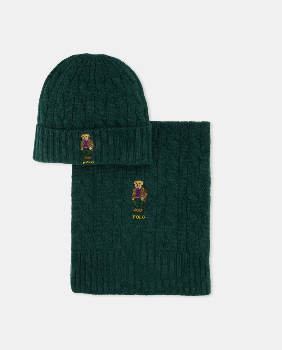 

Мужской комплект из шапки и шарфа с стяжками и вышитым мишкой Polo Ralph Lauren, зеленый