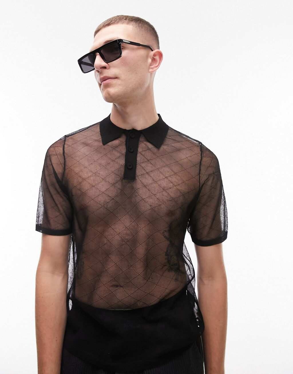 

Черная вязаная прозрачная рубашка-поло с ромбами Topman