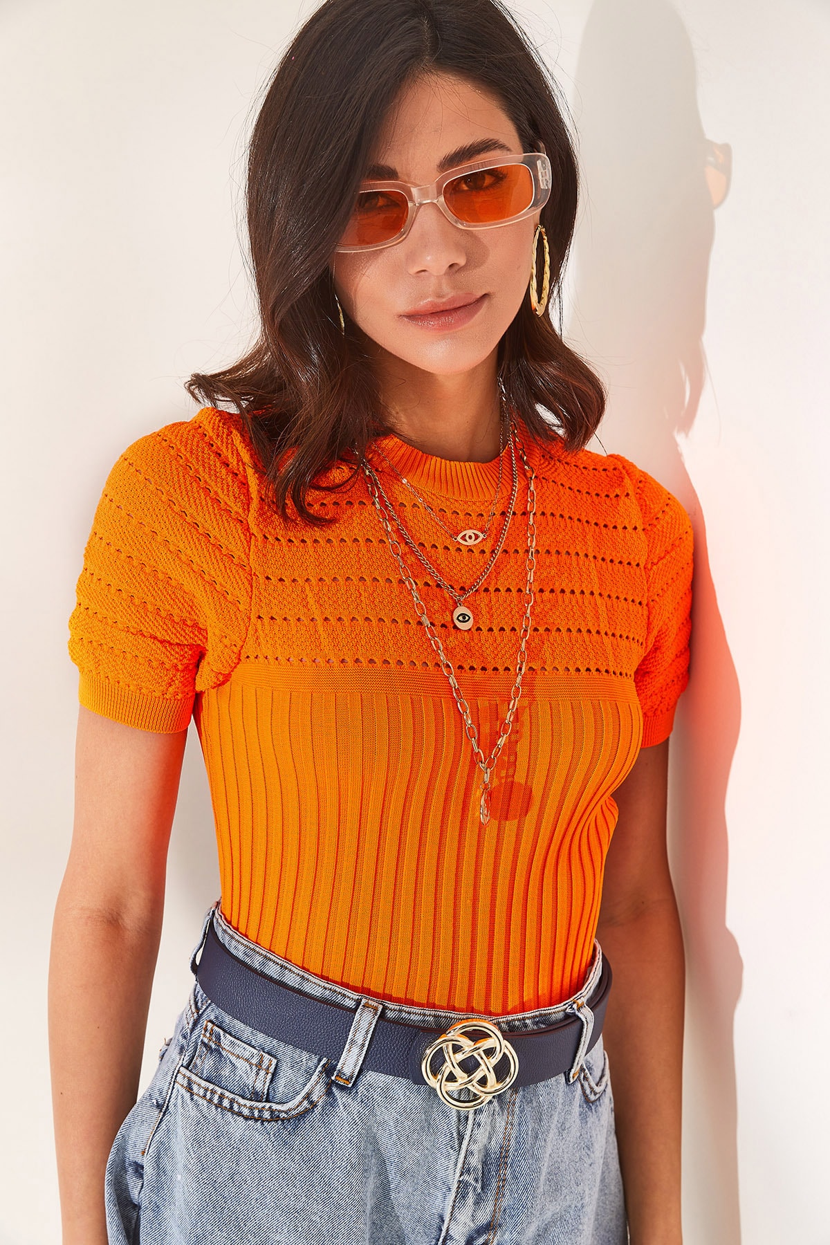 Женская оранжевая ажурная трикотажная блузка в рубчик Olalook, оранжевый