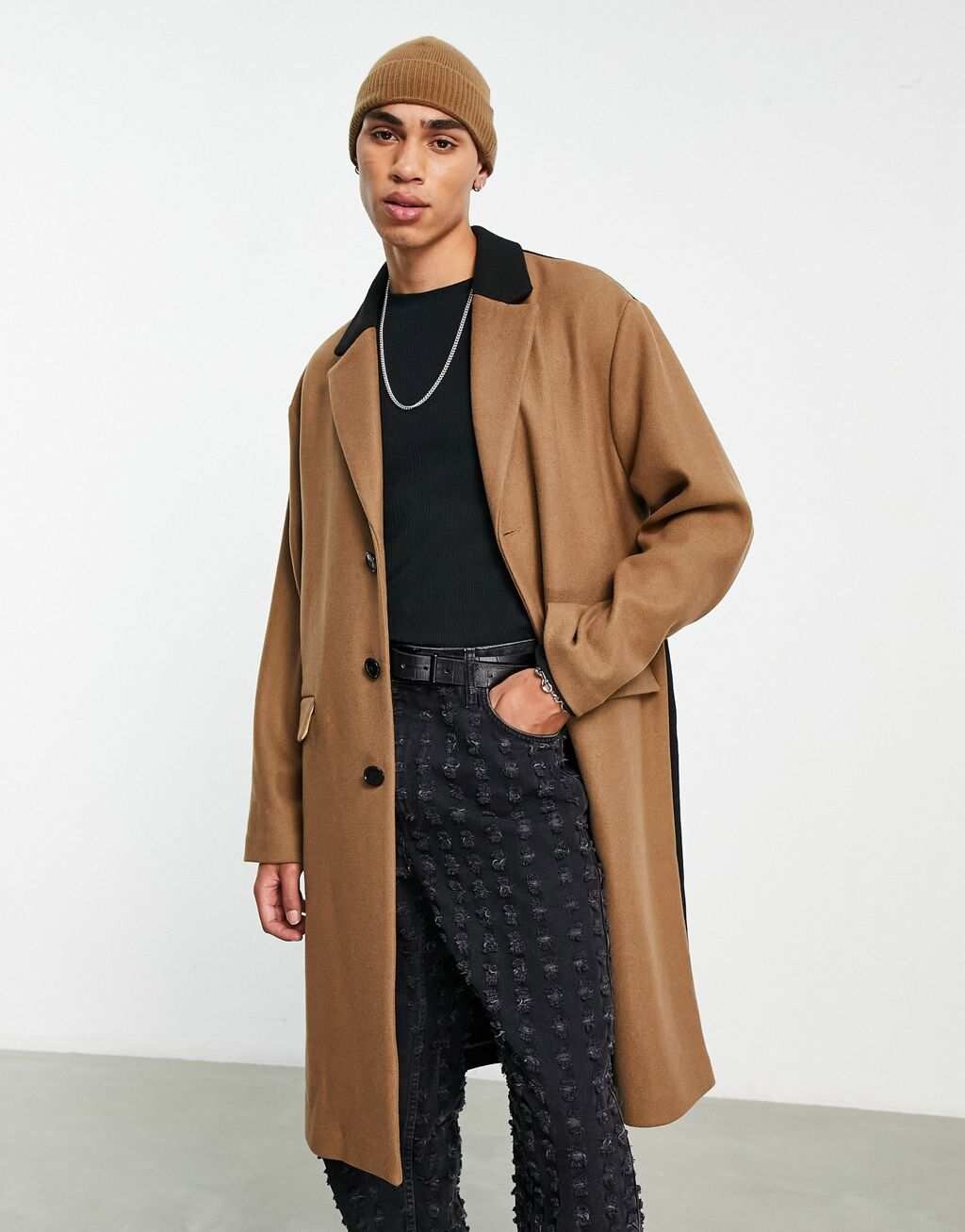 

Длинное пальто без подкладки с цветными блоками Topman черного и каменного цветов, Черный