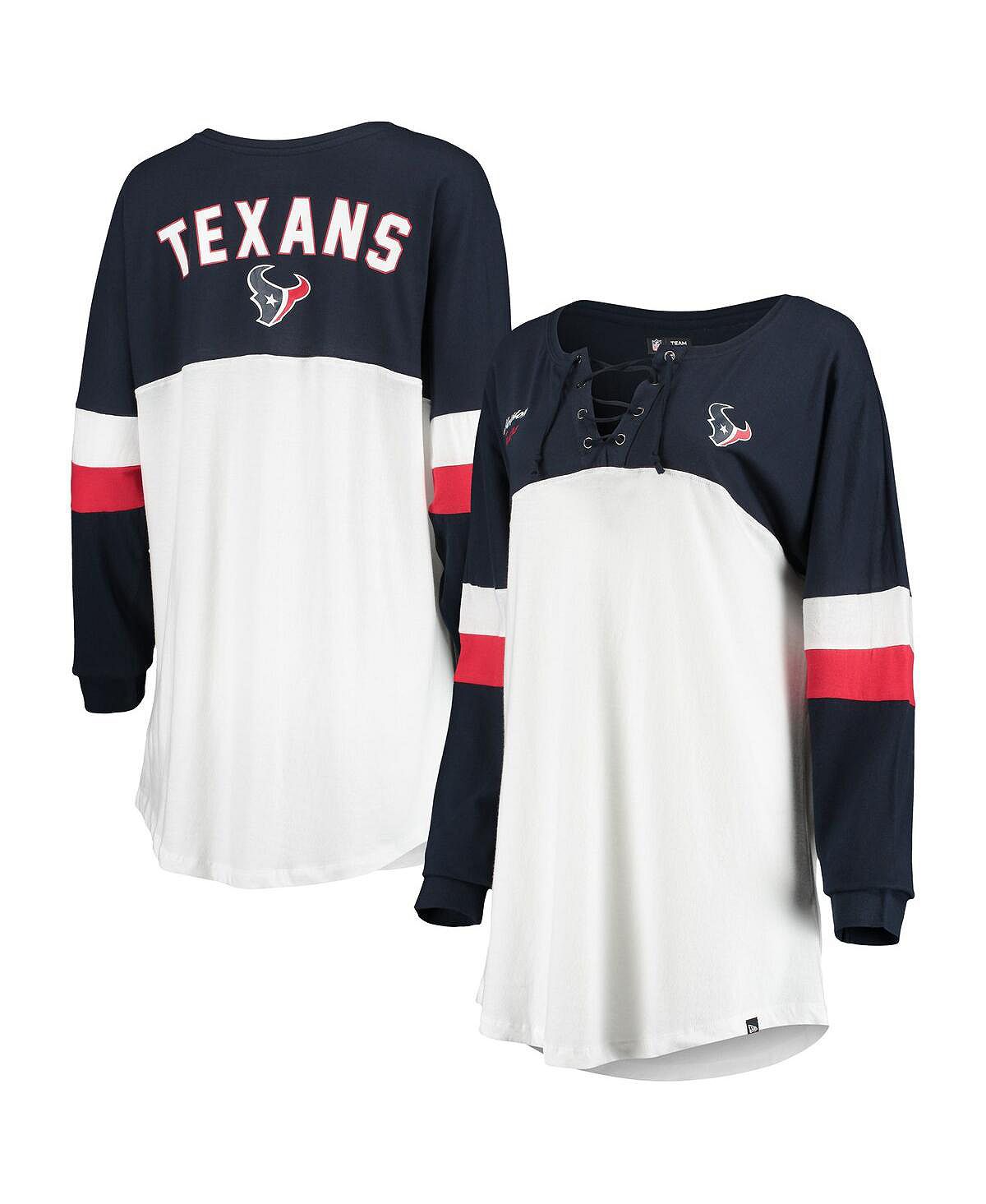 

Женская бело-темно-синяя футболка Houston Texans Athletic Varsity на шнуровке с v-образным вырезом и длинными рукавами New Era