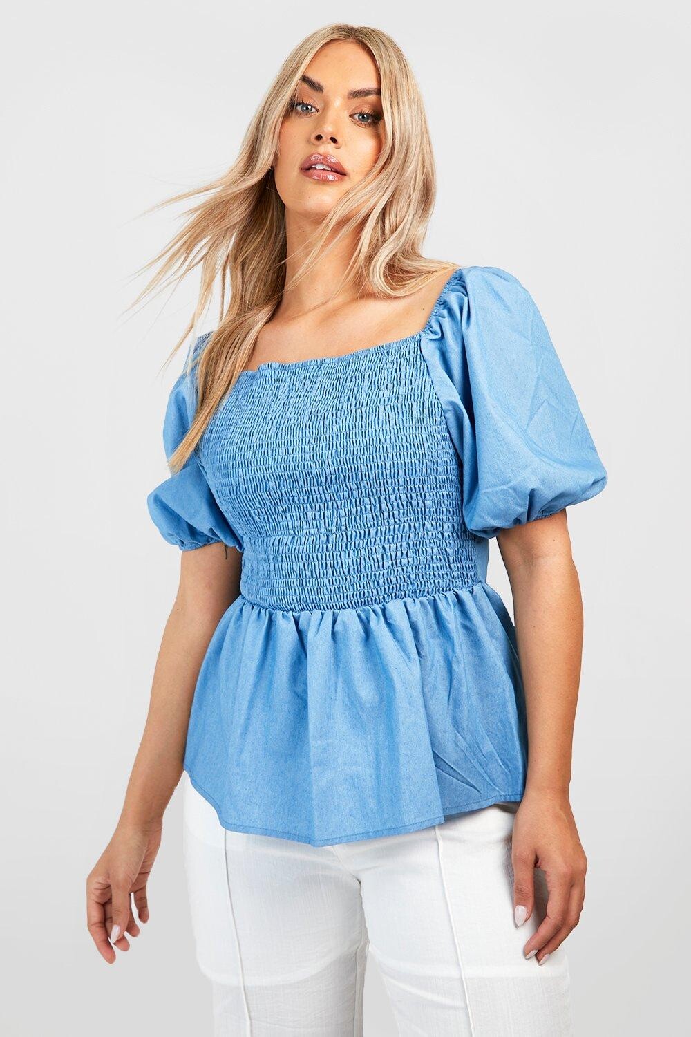 

Топ plus из шамбре с гофрами Boohoo, синий