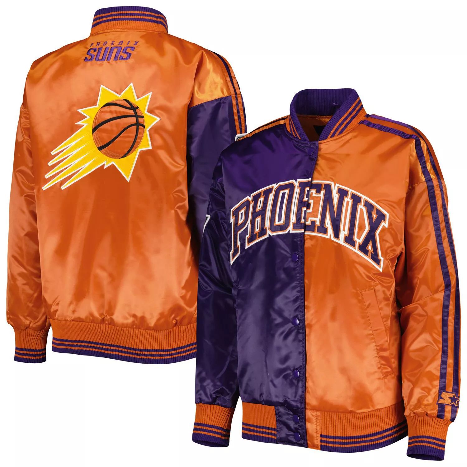 Женская стартовая атласная университетская куртка с длинными кнопками фиолетового/оранжевого цвета Phoenix Suns с разрезом и цветными блоками Starter