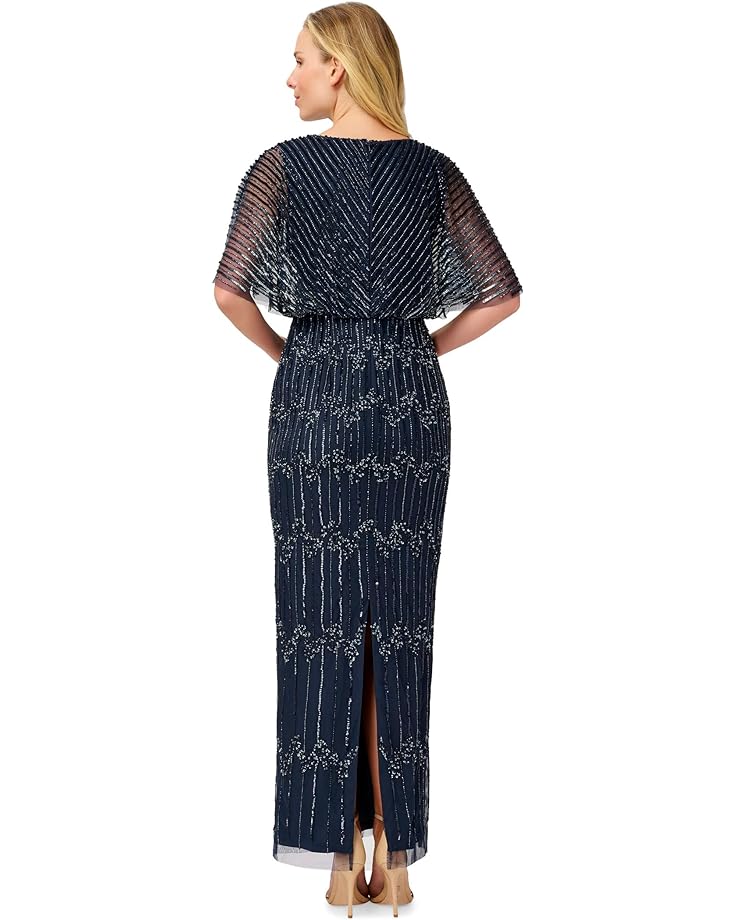 Платье Adrianna Papell Long Beaded Blouson Mother of the Bride Gown, цвет Navy/Gunmetal elegant beaded lace appliqued sheath v neck long sleeves mother of the bride groom dresses long outfits silver formal gown