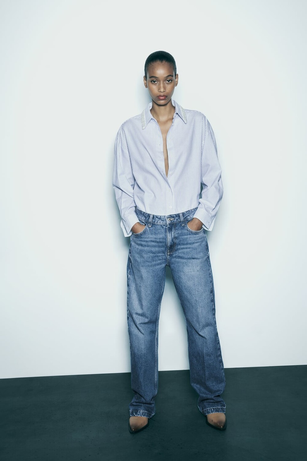 

Полосатая рубашка с бисером ZARA, синий