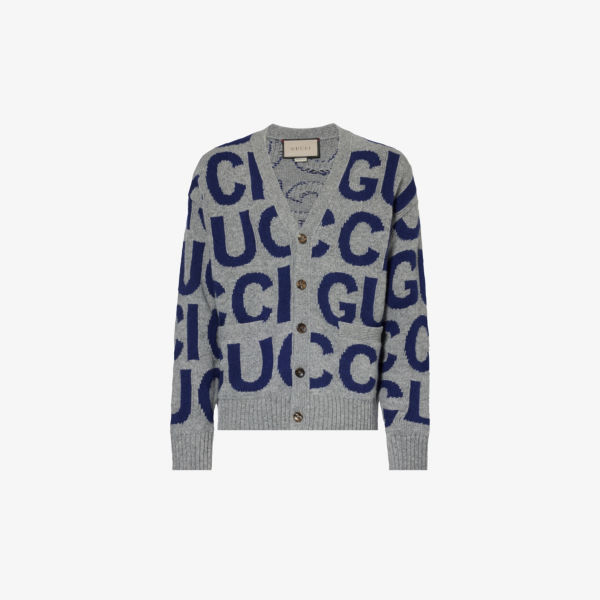 Кардиган свободного кроя шерстяной вязки с логотипом-интарсией Gucci, серый