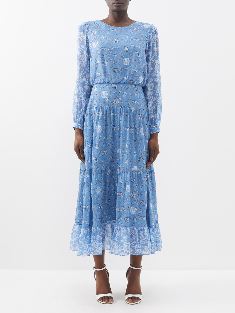Шелковое платье isabel с принтом-ракушкой Saloni, синий цена и фото