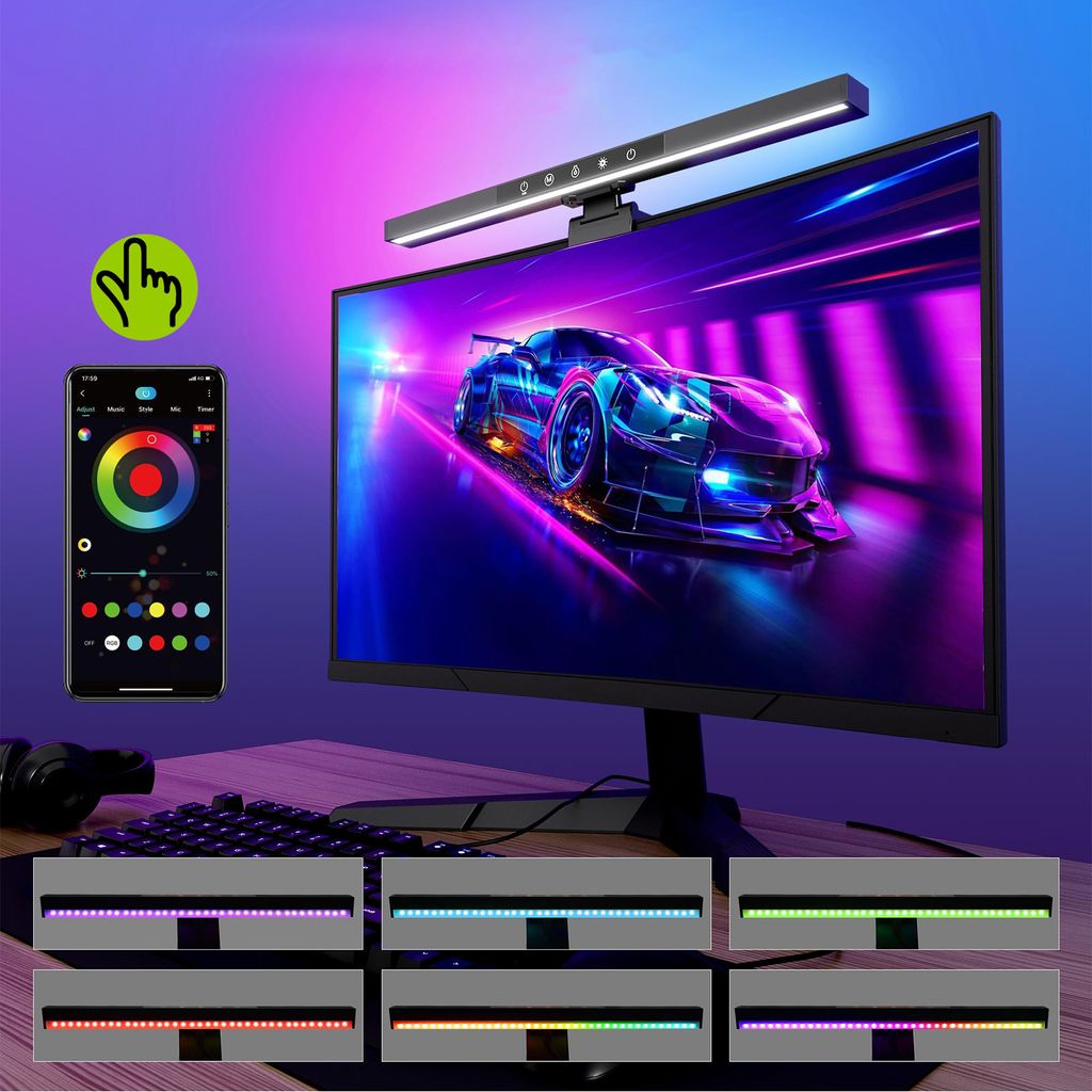 

Лампа для монитора RGB USB Touch Управление через приложение Bluetooth, настольная лампа с зажимом и регулировкой яркости, таймер светодиодной подсветки телевизора 10 Вт, световая панель монитора для игр в офисе Rosikey, черный